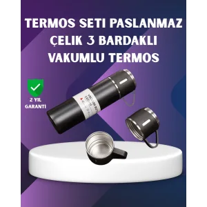 Paslanmaz Termos ve İkili Bardak Seti | 6-12 Saat Sıcak/Soğuk Tutma