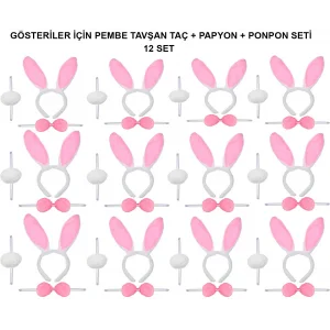 Pembe Tavşan Kostüm Seti – Taç, Papyon, Ponpon (12’li Paket)