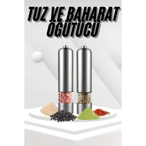 Pilli Tuz Ve Karabiber Öğütücü Baharat Değirmeni Tuzluk Pilli Işıklı Gri