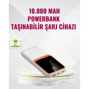Powerbank 10000 mAh – Çift USB Çıkışlı, Type-C Girişli, Şık Beyaz Tasarım