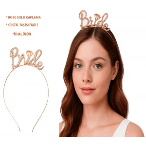 Rose Gold Renkli Taşlı “Bride” Gelin Tacı