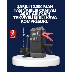 Şarjlı 12000 mAh Araç Akü Takviye ve Hava Kompresörü 4’ü 1 Arada