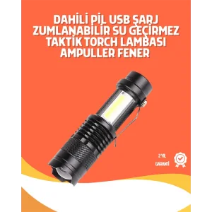 Şarjlı LED El Feneri - 14500 Pil Dahil, 4 Işık Modu, Mini Boy