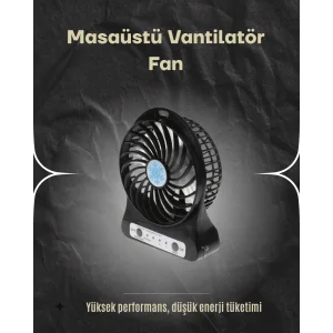 Şarjlı USB Fan – Masaüstü Mini Vantilatör, Taşınabilir, Işıklı, 3 Kademeli, Sessiz