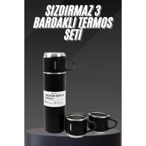 Termos Seti Paslanmaz Çelik 3 Bardaklı Vakumlu Termos Set 500 Ml 12 Saate Kadar Isı Koruma