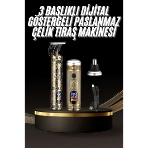 Tıraş Makinesi Pro 3 Başlıklı Dijital Göstergeli Saç Sakal Kulak ve Burun