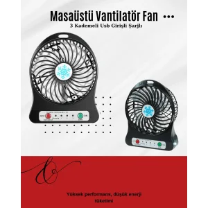 USB Girişli Taşınabilir Masaüstü Mini Fan – 3 Kademeli Hız, Şarjlı, Işıklı, Sessiz Çalışma