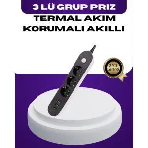 USB Yuvalı Anahtarlı Üçlü Priz 2 Metre Kablolu