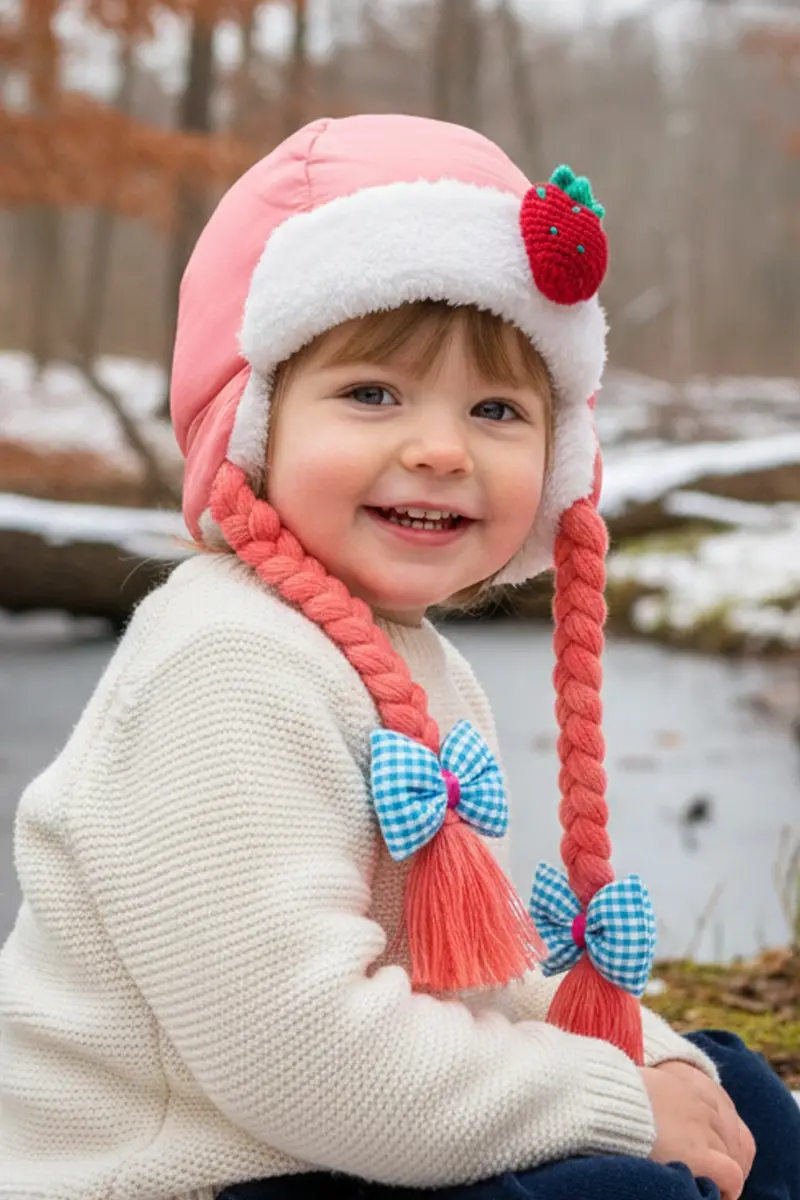 Kız Bebek Saç Örgülü Pembe Şapka