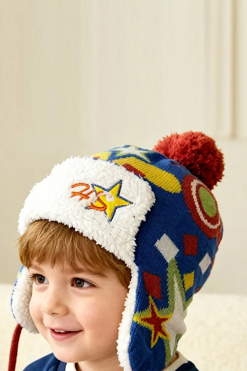 HS Nakışlı Erkek Çocuk Bere Mavi 5740