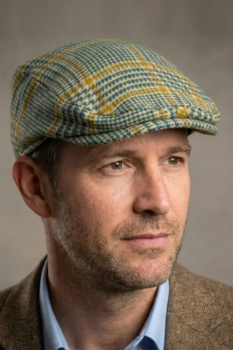 Klasik İngiliz Tarzı Yeşil Ekose Yün Kasket-9993