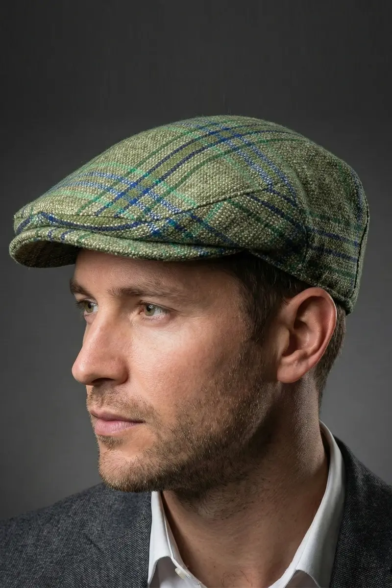 Klasik İngiliz Tarzı Yeşil Ekose Yün Kasket-9993-1