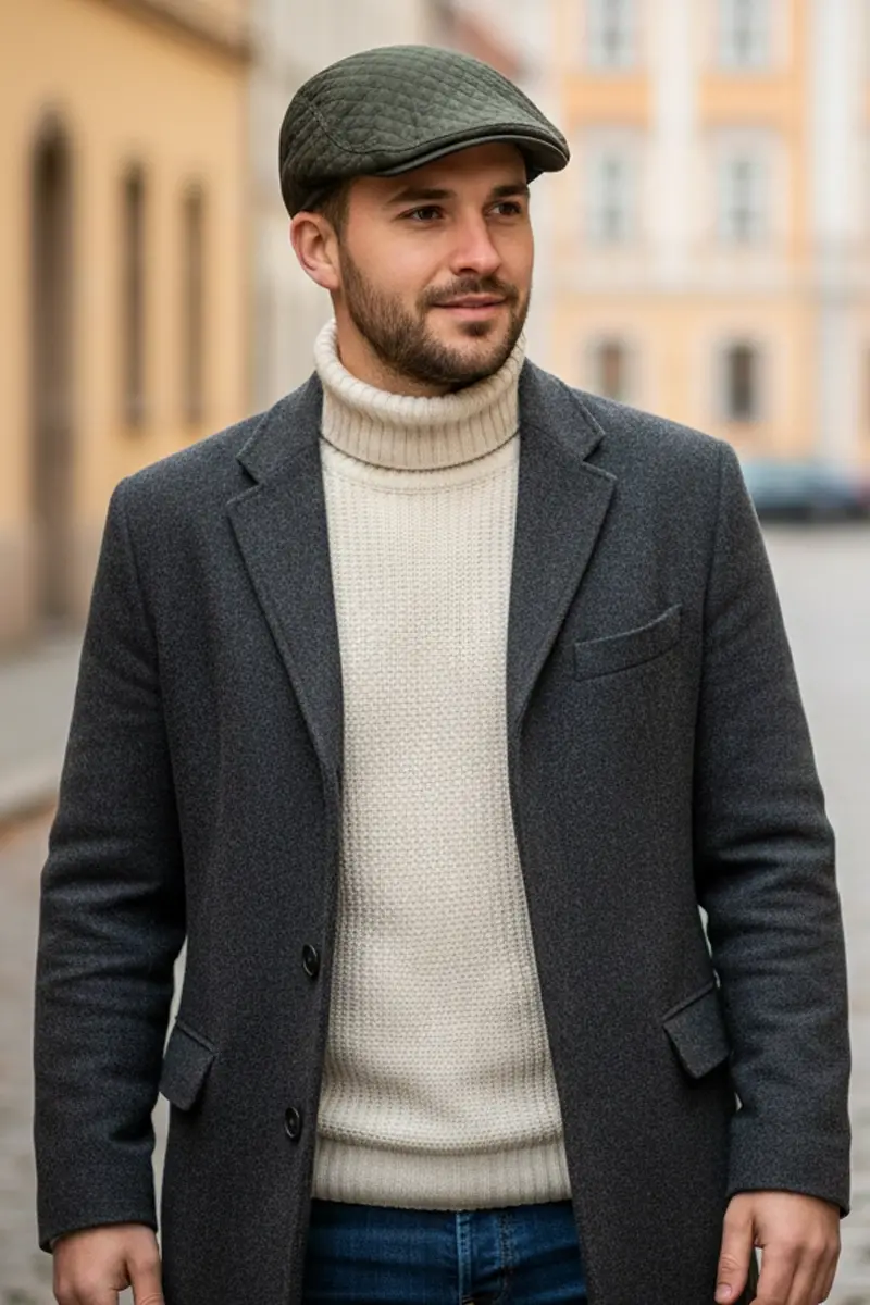 Erkek Haki Kapitone Desenli Kasket Şapka - Kışlık Flat Cap8176