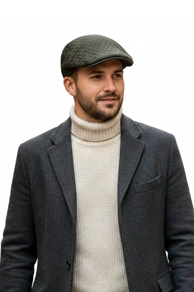 Erkek Haki Kapitone Desenli Kasket Şapka - Kışlık Flat Cap8176