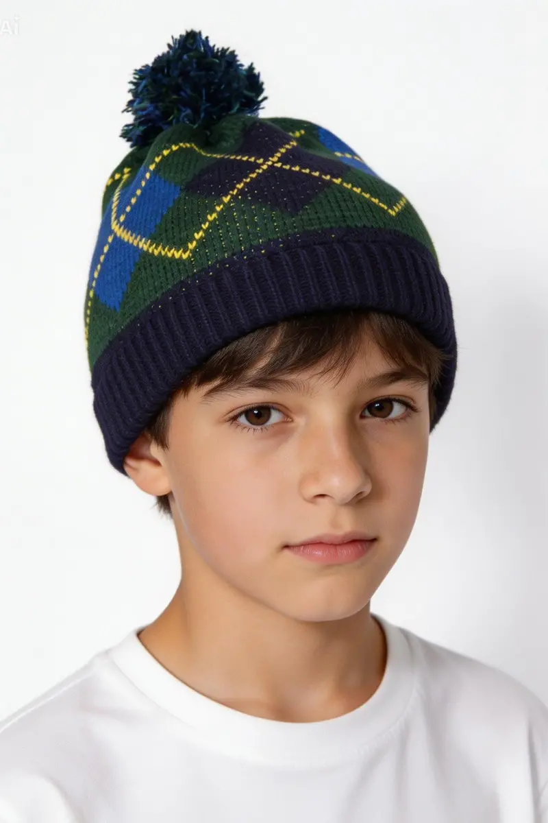 Rengarenk Argyle Desenli Ponponlu Çocuk Beresi-6407