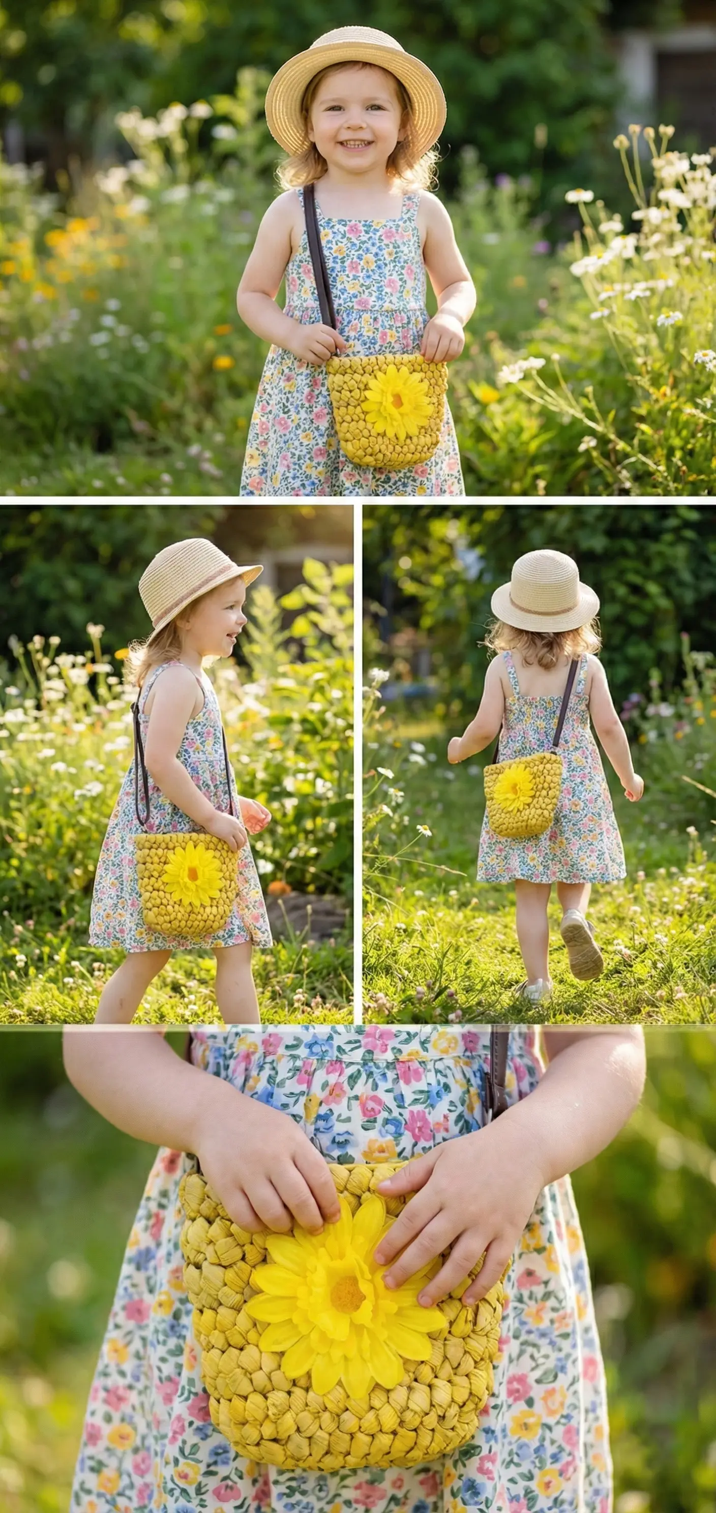 Sarı Renk Çiçekli Hasır Yazlık Çocuk Çantası 7030