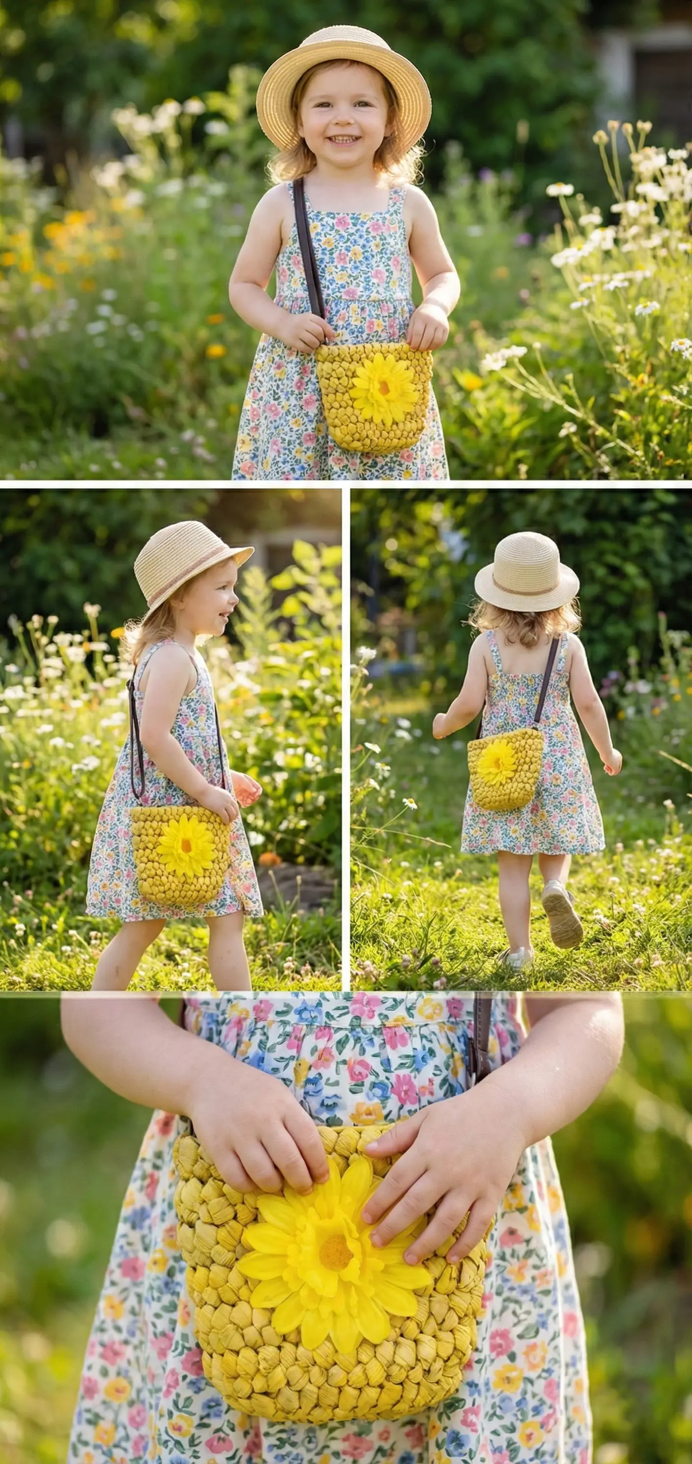 Bay Şapkacı - Papatya Detaylı Örgü Kız Çocuk Çapraz Çanta-7030