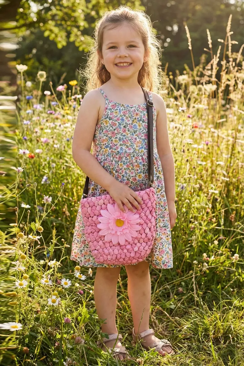 Bay Şapkacı - Papatya Detaylı Örgü Kız Çocuk Çapraz Çanta-7030