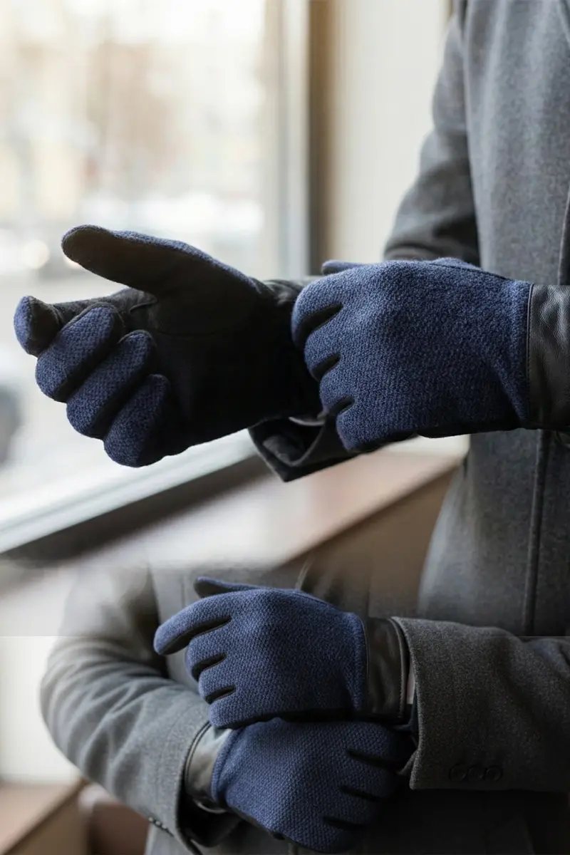 Bay Şapkacı - Erkek Deri Detaylı Örme Kışlık Eldiven - Lacivert/Siyah 8140