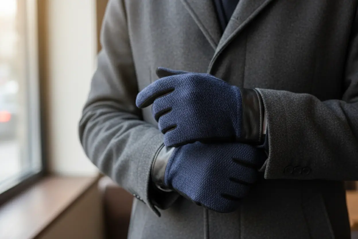 Bay Şapkacı - Erkek Deri Detaylı Örme Kışlık Eldiven - Lacivert/Siyah 8140