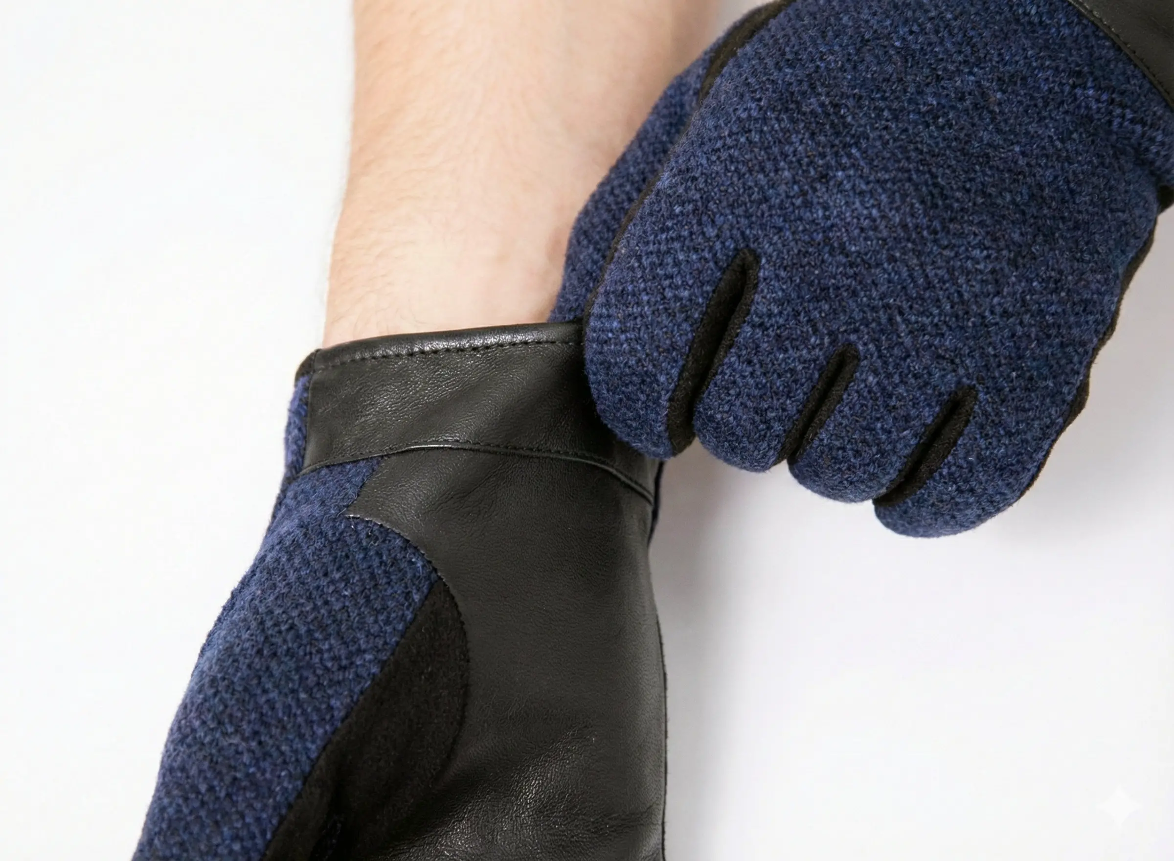 Bay Şapkacı - Erkek Deri Detaylı Örme Kışlık Eldiven - Lacivert/Siyah 8140