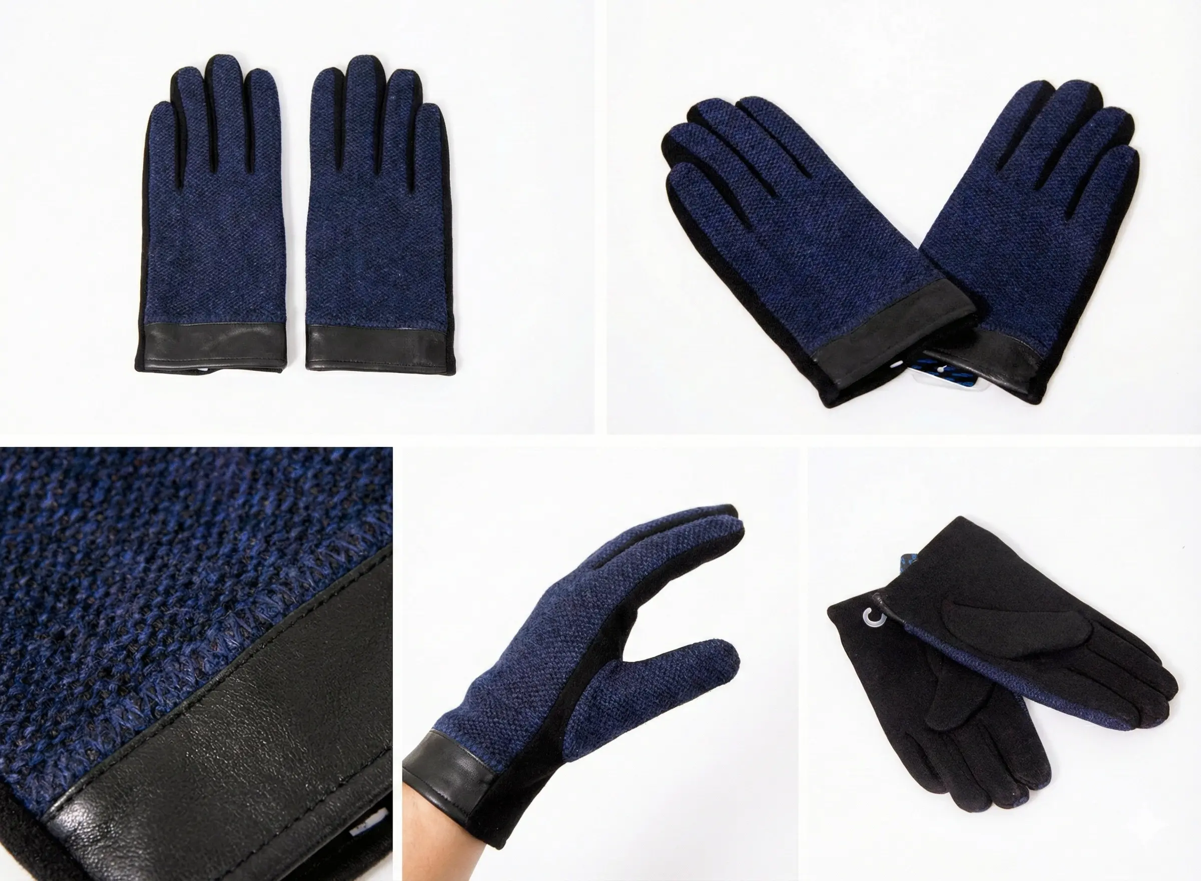 Bay Şapkacı - Erkek Deri Detaylı Örme Kışlık Eldiven - Lacivert/Siyah 8140