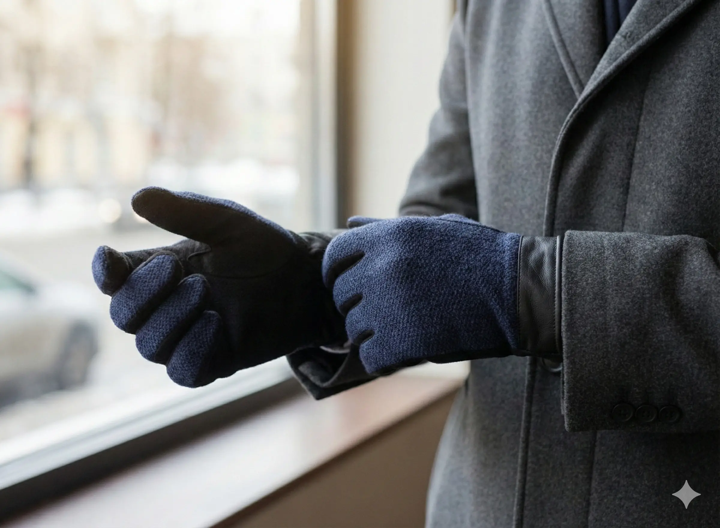 Bay Şapkacı - Erkek Deri Detaylı Örme Kışlık Eldiven - Lacivert/Siyah 8140