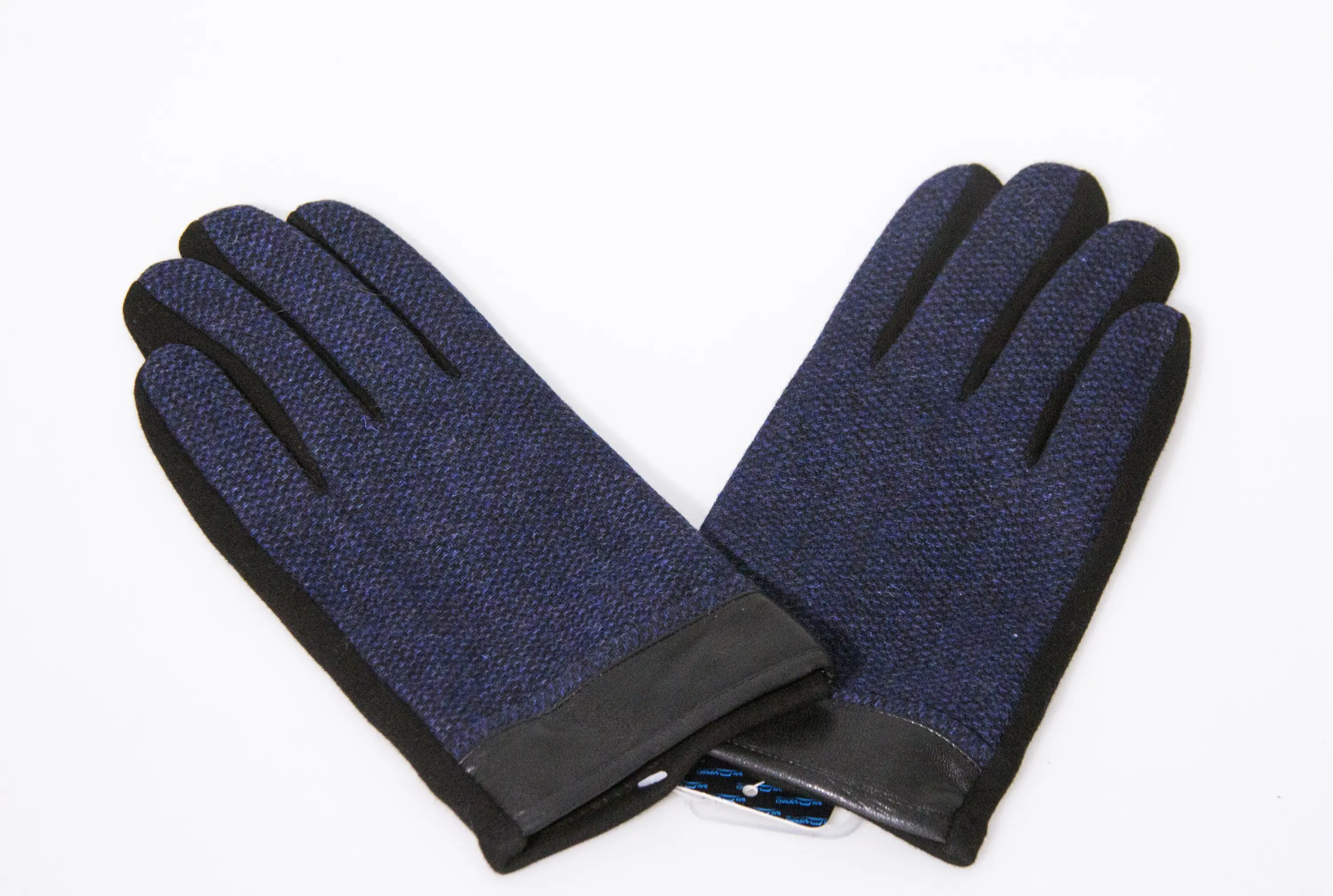 Bay Şapkacı - Erkek Deri Detaylı Örme Kışlık Eldiven - Lacivert/Siyah 8140