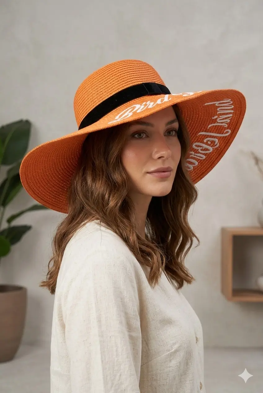Yazılı Geniş Kenarlı Plaj Kadın Şapkası turuncu 7047
