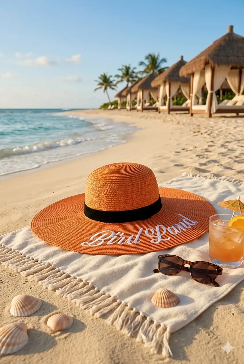 Yazılı Geniş Kenarlı Plaj Kadın Şapkası turuncu 7047