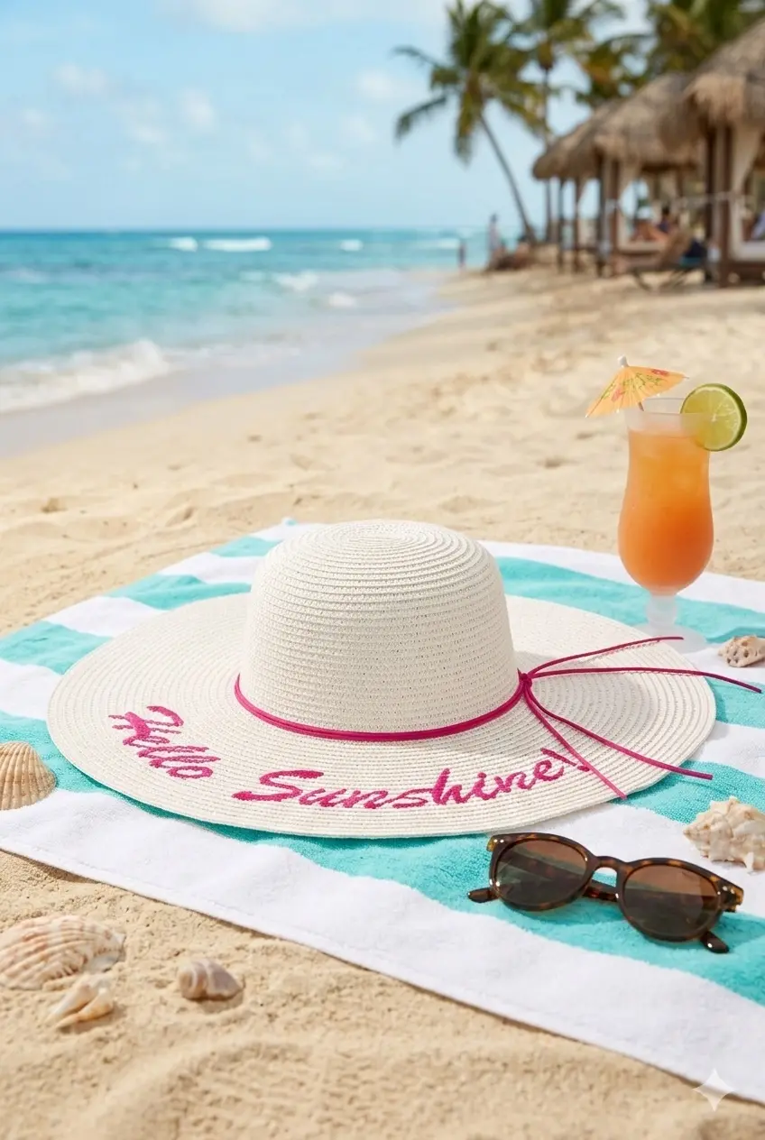 Yazılı Geniş Kenarlı Plaj Kadın Şapkası beyaz 7047