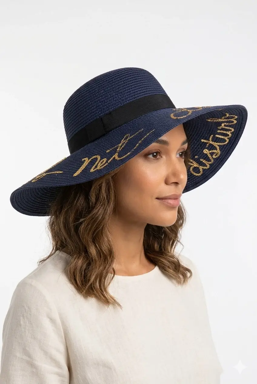 Yazılı Geniş Kenarlı Plaj Kadın Şapkası lacivert 7047