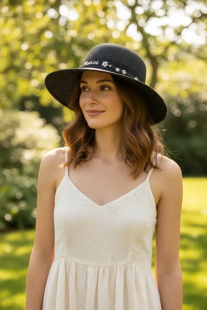 Çiçek Şeritli Kadın Şapka siyah 1297