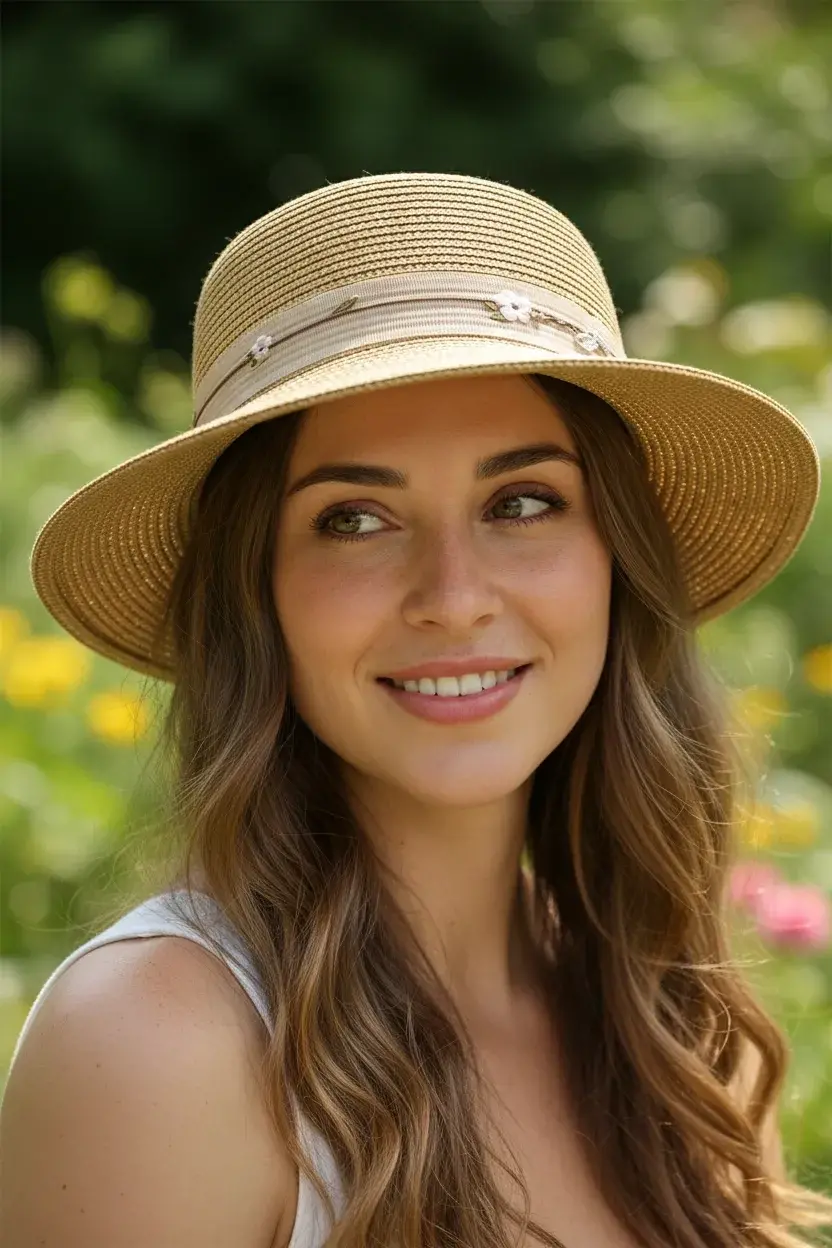 Çiçek Şeritli Kadın Şapka kahverengi 1297