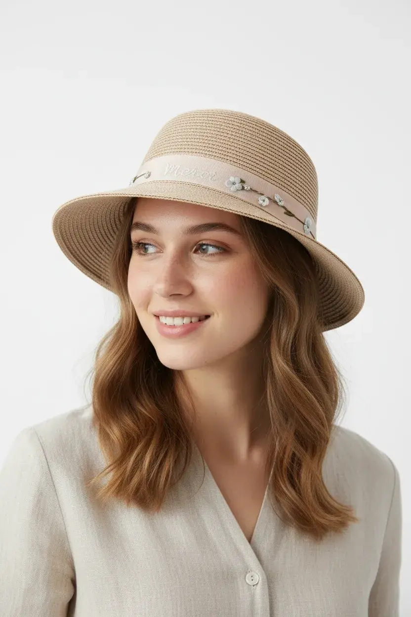 Çiçek Şeritli Kadın Şapka pudra 1297