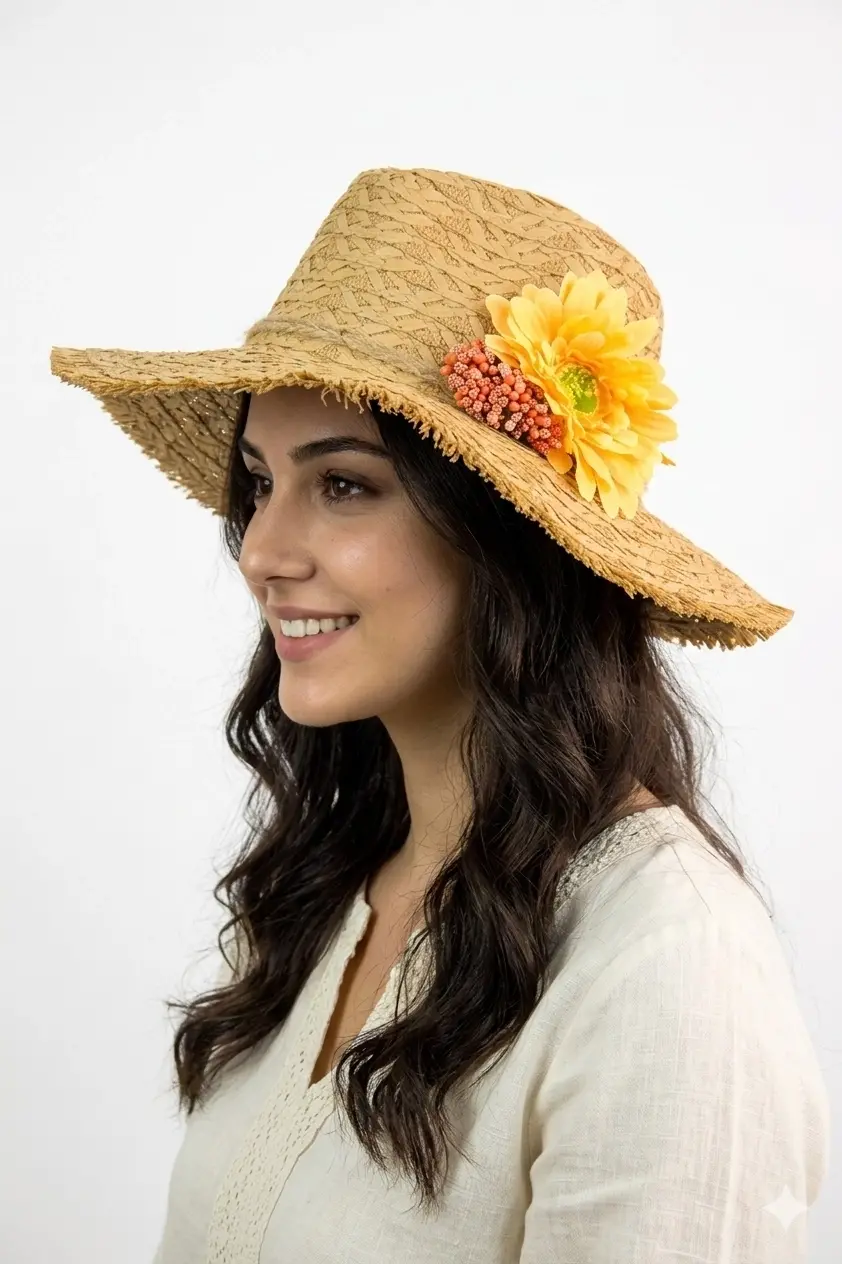 Geniş Kenarlı Hasır Şapka 1414 bej