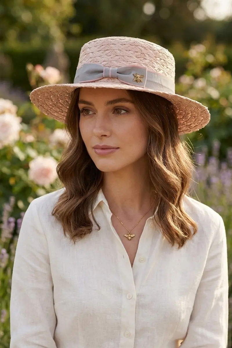 Kelebek armalı şerit hasır şapka 1430 pembe