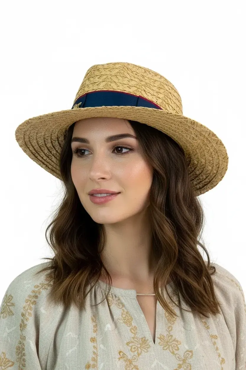 Kelebek armalı şerit hasır şapka 1430 bej