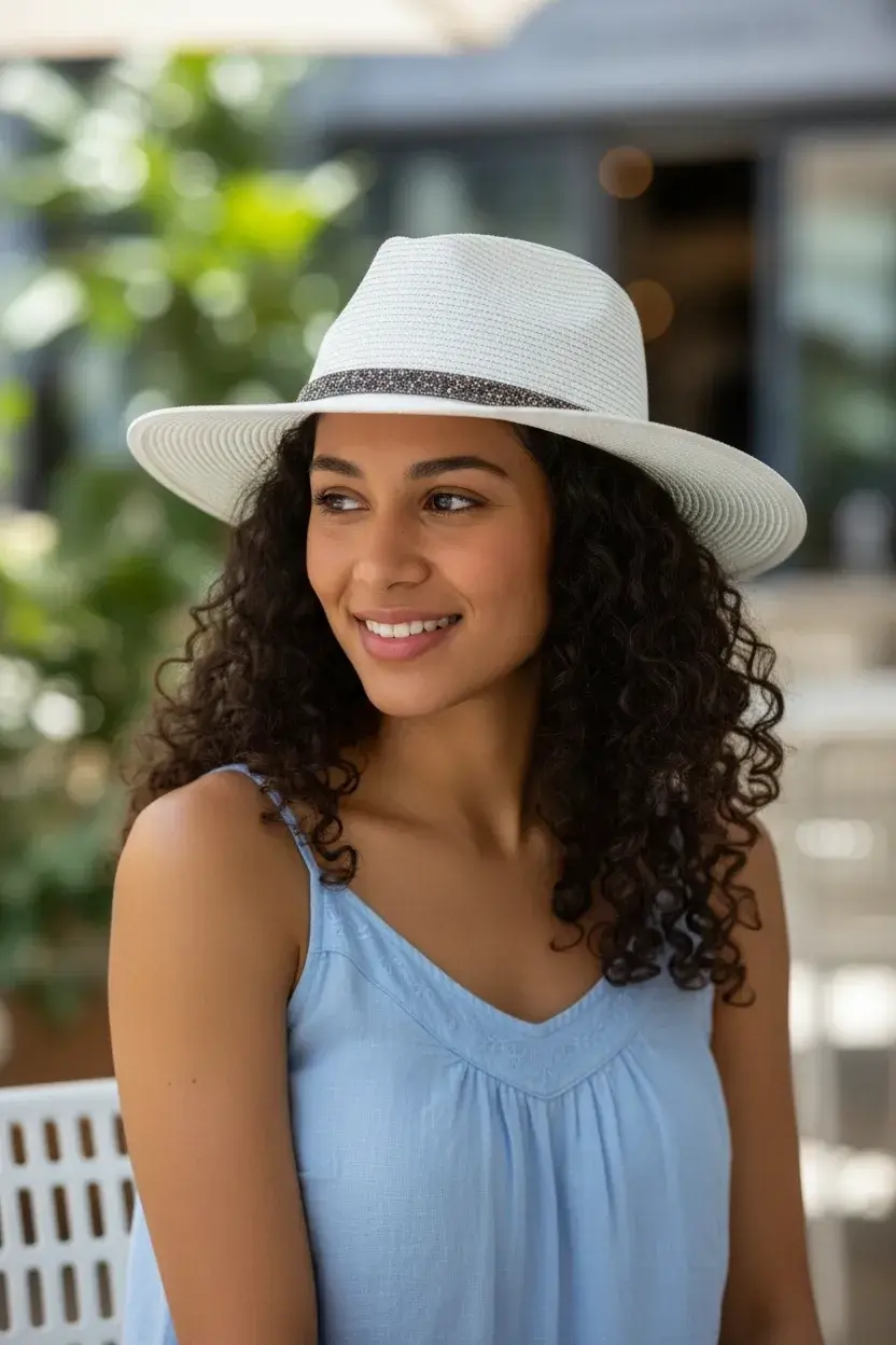 Işıltılı Bant Detaylı Modern Boater Kadın Plaj Şapkası 3855