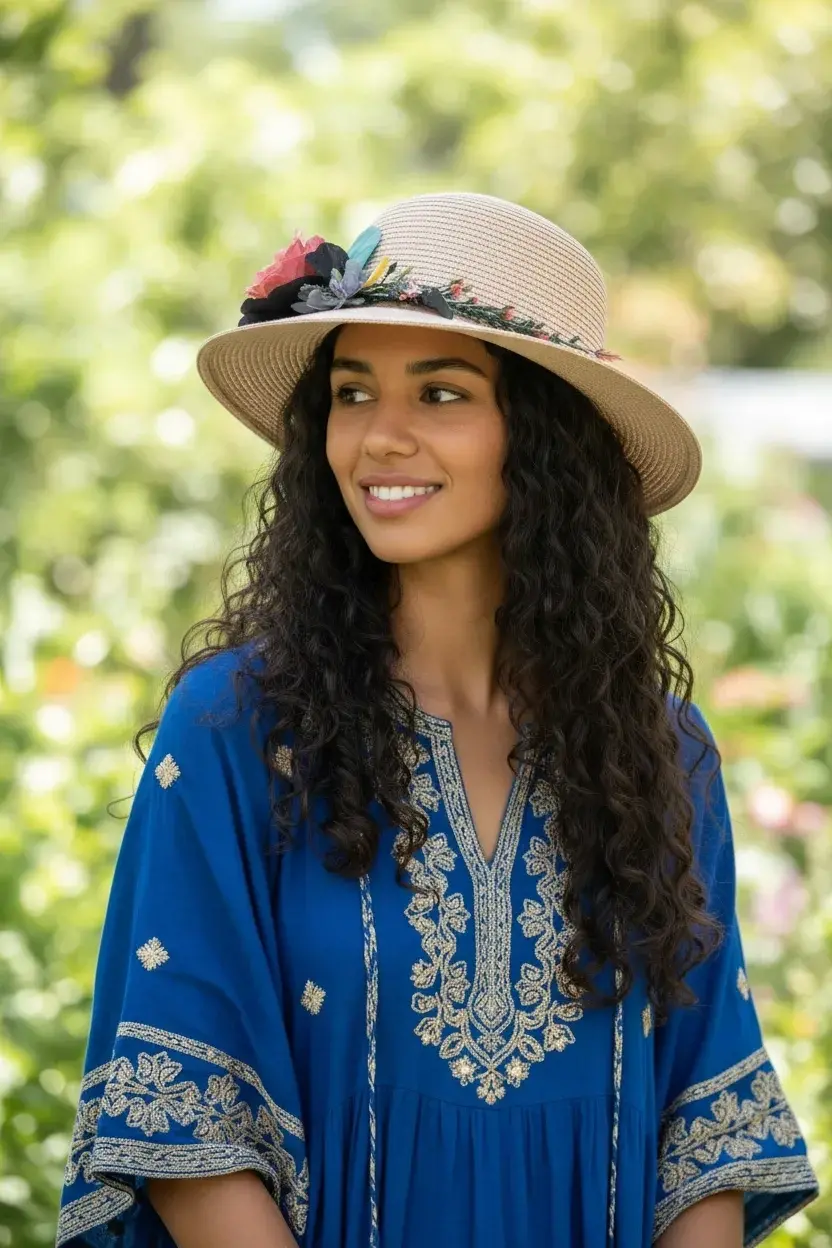 Bohem Çiçek Buketi Detaylı Kadın Plaj Şapkası Hasır Kadın Şapka 3868