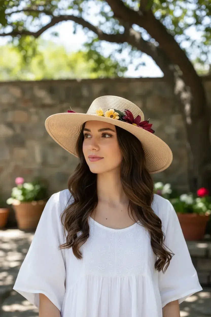 Çiçekli ve Yaprak Taçlı  Kadın Plaj Şapkası 3869