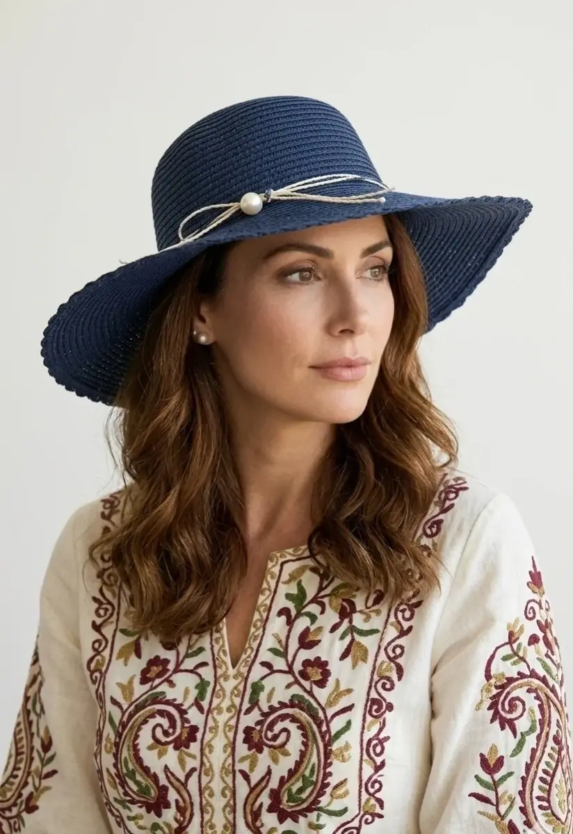 Kadın Geniş Kenarlı İncili Hasır Şapka 3871