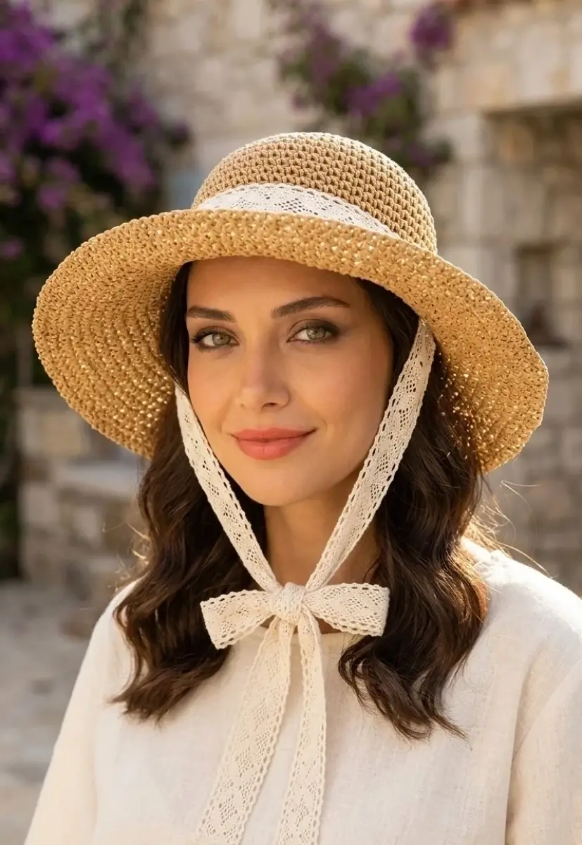 Bay şapkacı - El Örgülü Bağcıklı Şapka 3874