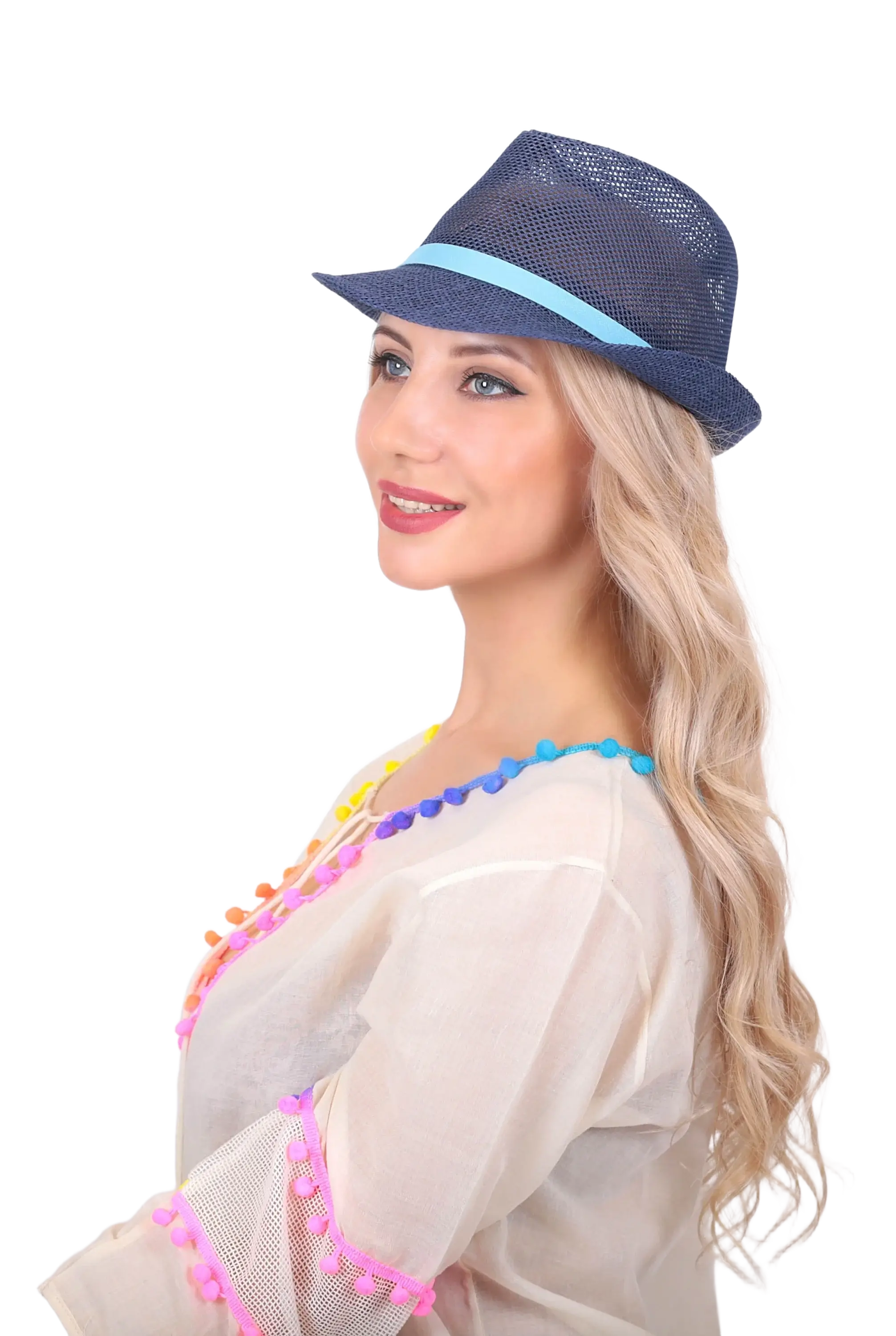 Yazlık Kadın Fileli Kemerli Hasır Fötr Şapka lacivert 6223