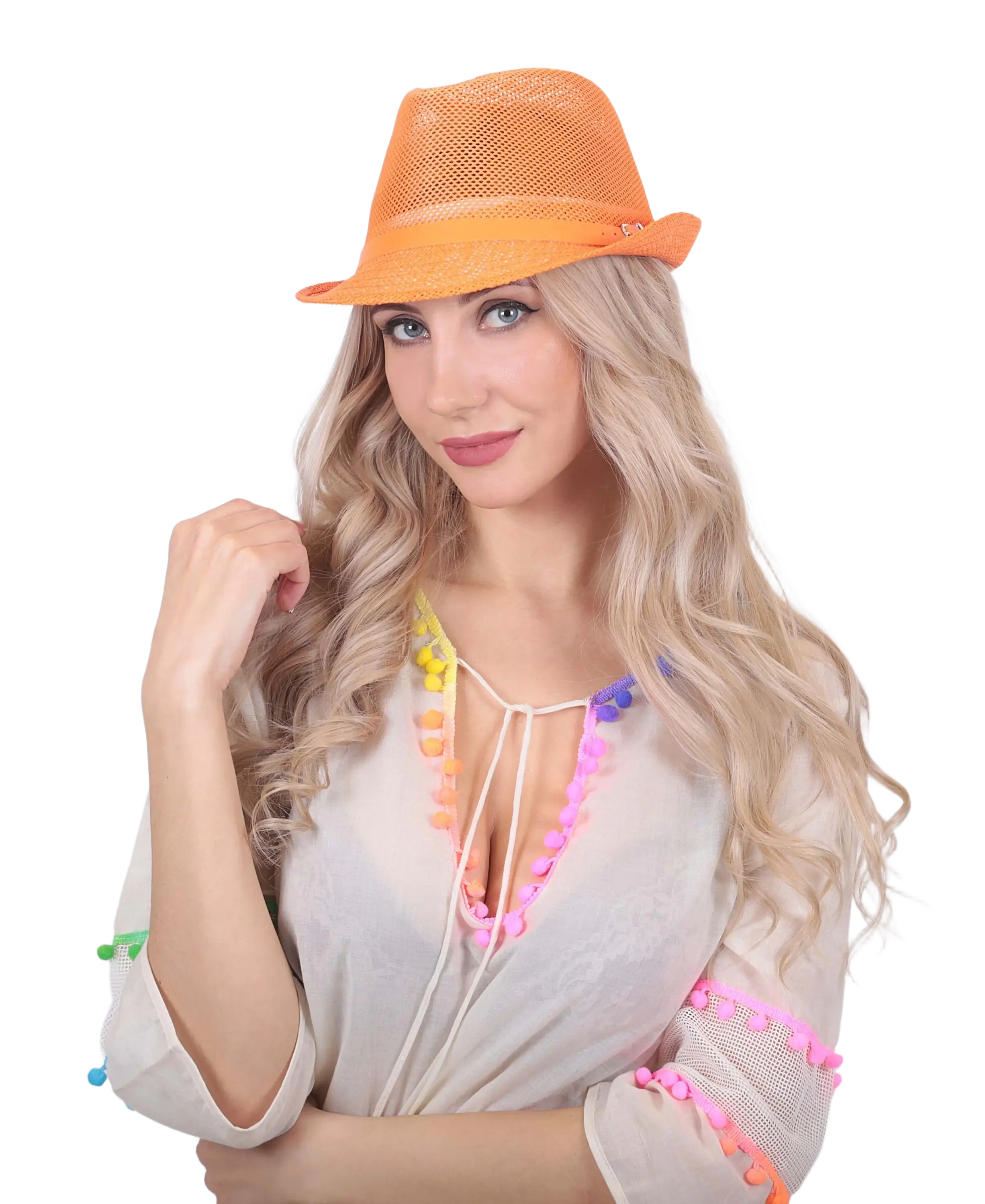 Yazlık Kadın Fileli Kemerli Hasır Fötr Şapka turuncu 6223