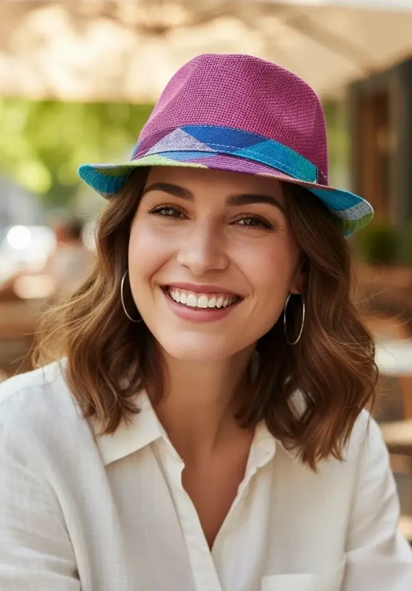 Turuncu Bohem Hasır Fötr Şapka – Renkli Etnik Şeritli Yazlık Kadın Şapkası 6261