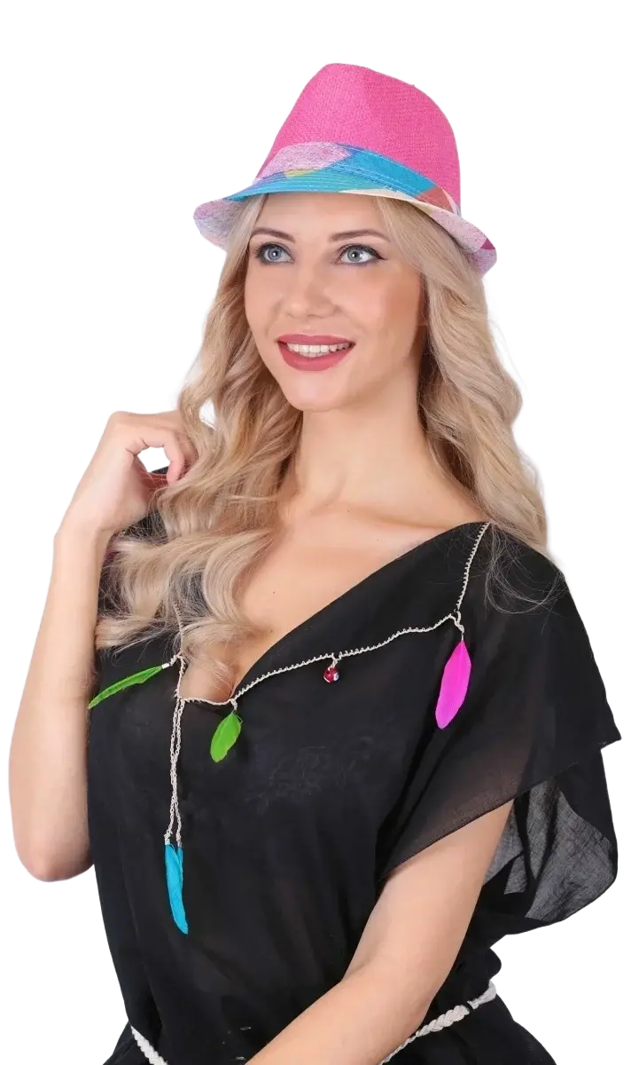 Turuncu Bohem Hasır Fötr Şapka – Renkli Etnik Şeritli Yazlık Kadın Şapkası 6261