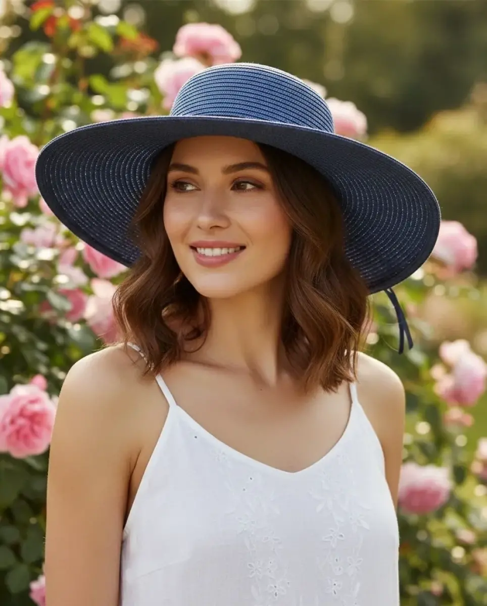 Lacivert Geniş Kenarlı Hasır Plaj Şapkası – Şık ve Koruyucu Kadın Güneş Şapkası 6653