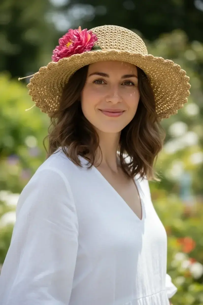 Kadın Hasır Şapka Romantik Bordo Çiçek Detaylı Kadın Hasır Plaj Şapkası - Natürel 1466