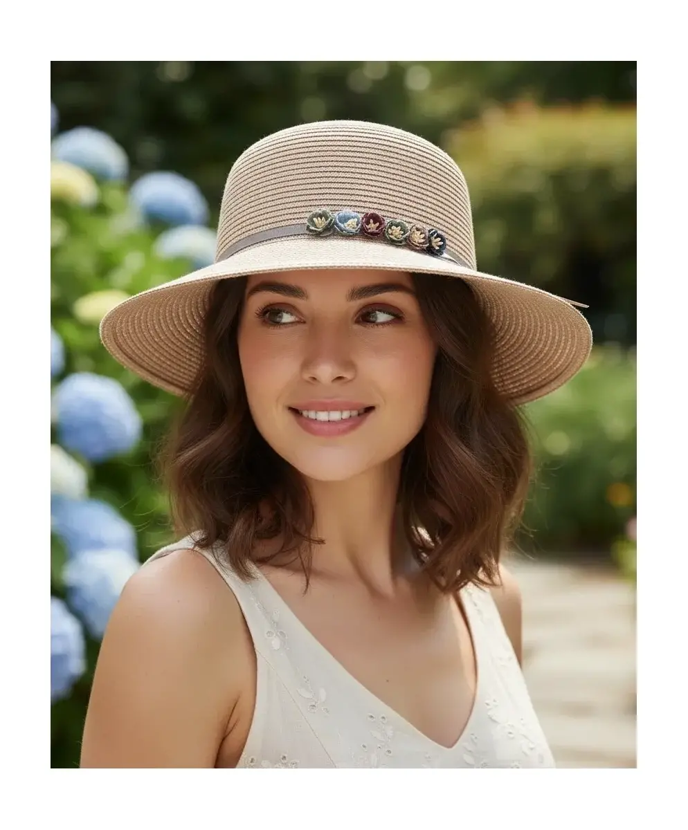 Çiçekli Kadın Hasır Şapka 1457 pembe